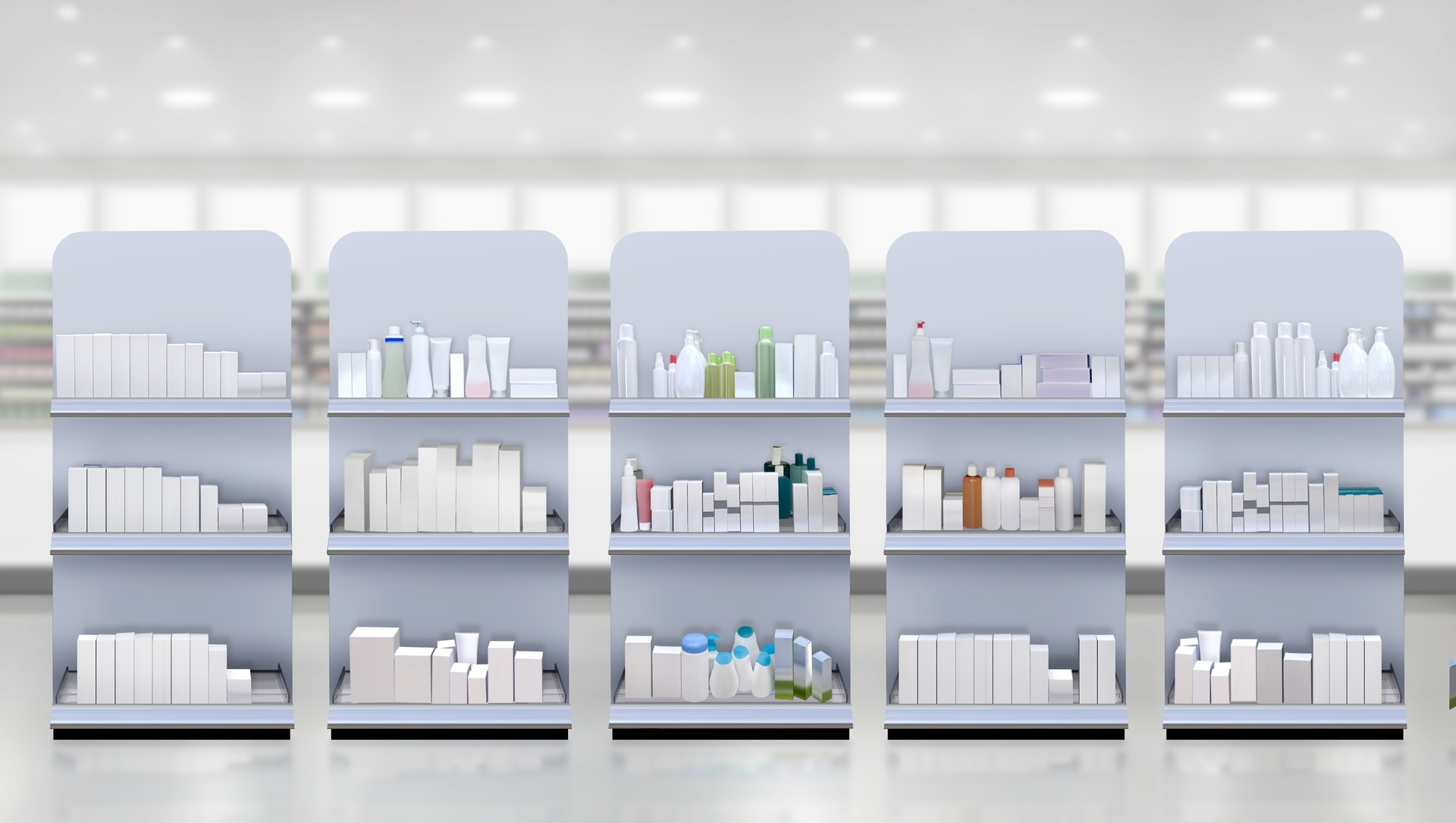 Hand cream on shelf pharmacy store interior with point of sale racks